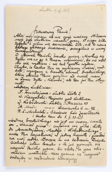 List Józefa Czechowicza do Stanisława Czernika, Lublin, 19.12.1932 r., wym. 21,4 x 13,5 cm, k. 3-4 r. 
Prawdopodobnie do niniejszego  listu została dołączona karta z przepisanym tekstem recenzji M. Bibrowskiego tomu poetyckiego J. Czechowicza 
