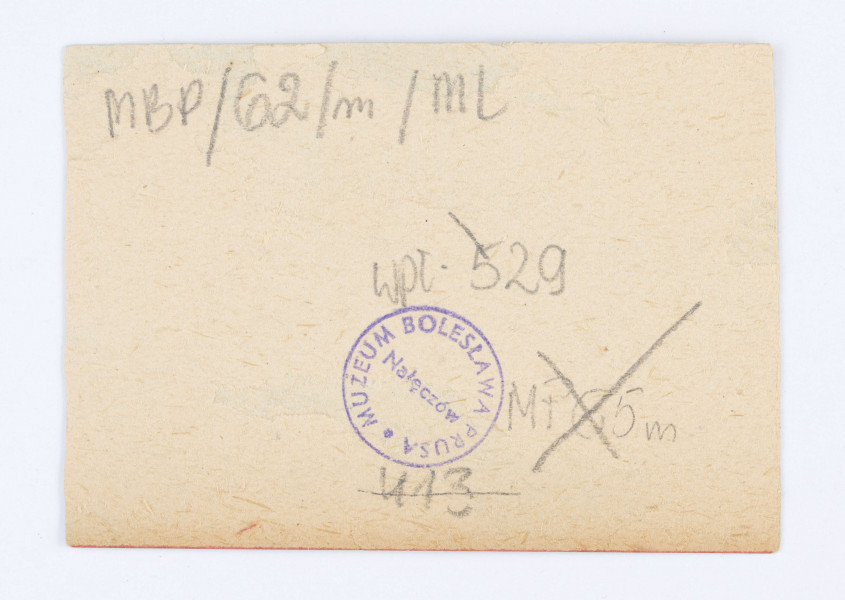 Fotografia przedstawia Oktawie Głowacką z psem. Kobieta siedzi na schodach, ubrana jest w długą spódnicę, czarny płaszcz i białą chustę na głowie. Na kolanach trzyma małego, brązowego psa. Z tyłu widać kobietę w kraciastej spódnicy, która trzyma w lewej ręce czarną laskę. Na prawo od Oktawii widać oparty o balustradę schodów czarny parasol. Zdjęcie przyklejone jest do tektury, u dołu której widniej odręczny podpis: O. Głowacka.