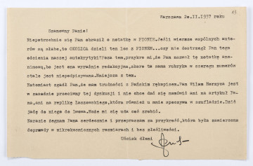 List Józefa Czechowicza do Stanisława Czernika, Warszawa, 20 II 1937 r., wym. 14,3 x 22,6 cm, k. 13 r.   
Arkusz kremowego papieru, tekst pisany na maszynie. W prawym górnym rogu miejsce i data powstania listu.  Pod treścią listu, w dolnej części karty po prawej stronie - odręczny podpis poety, zapisany niebieskim atramentem, z charakterystycznym splotem liter 