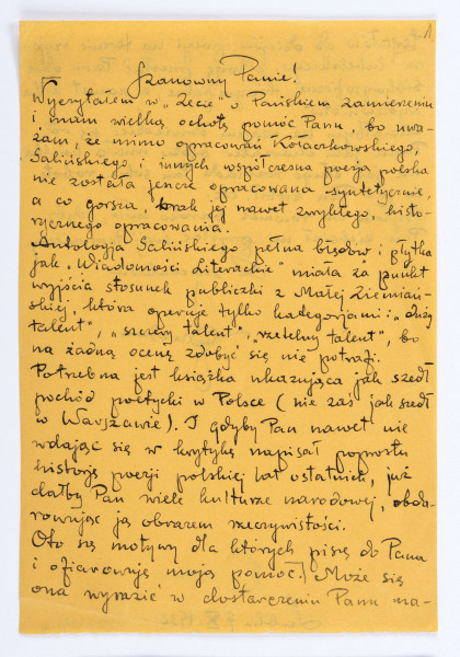 List Józefa Czechowicza do Stanisława Czernika, Lublin, 7.10.1932 r., rękopis, wym. 17,6 x 12 cm, k. 1 r. i v.
List pisany czarnym atramentem na arkuszu papieru koloru pomarańczowego (zapisany po obu stronach). W dolej części  k.1 verso pośrodku data: Lublin 7.X.1932

