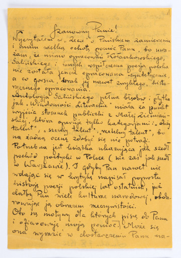 List Józefa Czechowicza do Stanisława Czernika, Lublin, 7.10.1932 r., rękopis, wym. 17,6 x 12 cm, k. 1 r. i v.
List pisany czarnym atramentem na arkuszu papieru koloru pomarańczowego (zapisany po obu stronach). W dolej części  k.1 verso pośrodku data: Lublin 7.X.1932


