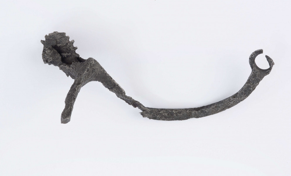 Ostroga żelazna - kabłąk w przekroju poprzecznym trójkątny zakończony kółkiem. Szyjka bodźca zwężająca się, na końcu w rozwidleniu przymocowana nitem gwiazdka (widełki z gwiazdką). Jedno ramie kabłąka uszkodzone, drugie w pobliżu nasady bodźca ułamane. Wymiary: długość ok. 11; rozpiętość kabłąka 10; szyjka dł. 3; średn. gwiazdki 2,5(zachowana); średnica kółka na końcu kabłąka 1,5 cm. Surowiec - żelazo. Stan zachowania - jedno ramię kabłąka uszkodzone, drugie w pobliżu bodźca ułamane. Zabiegi konserwatorskie - zakonserwowane (oczyszczone i zabezpieczone przed korozją).