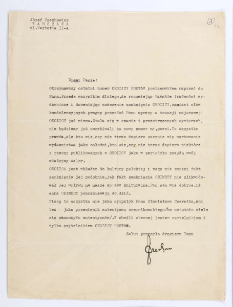 List Józefa Czechowicza do Stanisława Czernika, [Warszawa, IX 1937],  wym. 30,3 x 22,8 cm, k. 16 r.
List pisany na maszynie na arkuszu kremowego papieru. W lewym górnym rogu imię i nazwisko oraz adres nadawcy: 