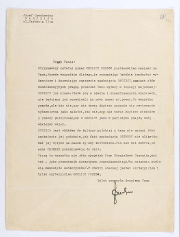 List Józefa Czechowicza do Stanisława Czernika, [Warszawa, IX 1937],  wym. 30,3 x 22,8 cm, k. 16 r.
List pisany na maszynie na arkuszu kremowego papieru. W lewym górnym rogu imię i nazwisko oraz adres nadawcy: 