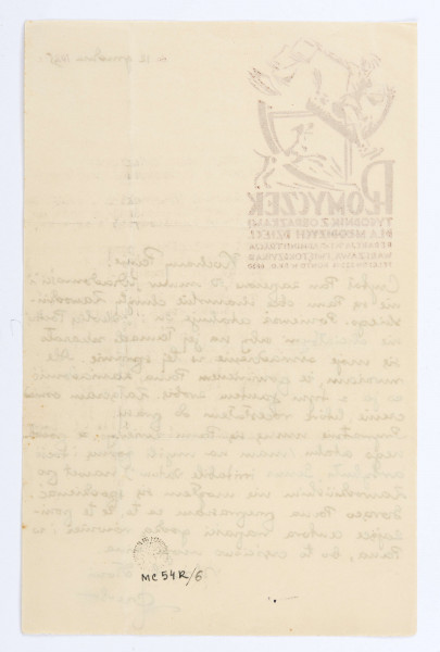List Józefa Czechowicza do Stanisława Czernika, [Warszawa], 12.12.1935 r., wym. 21,1 x 13,8 cm, k. 9 r. 
List zapisany czarnym atramentem na arkuszu firmowego papieru. W lewym górnym rogu nadruk czerwoną czcionką: 