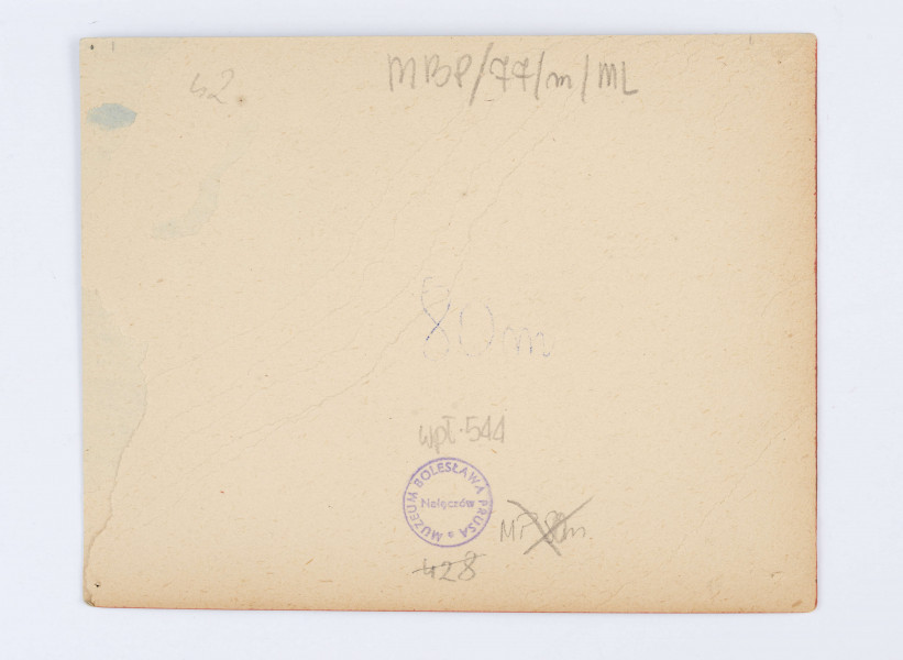 Fotografie przedstawia dwie kobiety i trzech mężczyzn. Kobieta z lewej strony ubrana  jest w kremową suknie, przepasaną ozdobnym pasem. Na głowie znajduje się jasny kapelusz, a w dłoniach trzyma poziomo laseczkę. Kobieta z prawej stoi bokiem, w prawej dłoni trzyma otwarty parasol oparty o ramie, w lewej książkę. Ubrana jest w jasną spódnicę, białą bluzkę, na szyj ma zawiązaną ciemną chustę. Obok stoi jeden z mężczyzn, ubrany w ciemną marynarkę, kamizelkę, białą koszulę oraz krawat. W prawej dłoni trzyma kapelusz, w lewej biała parasolkę. Dwóch pozostałych mężczyzn siedzi na trawie. Mężczyzna po lewej ubrany jest w jasny kapelusz, ciemną marynarkę oraz białą koszulę. Pod szyją widać muszkę. Drugi z mężczyzn ubrany jest w jasną marynarkę, biała koszulę i kapelusz. Na odach trzyma aparat. Wokół widać rosnąc drzewa i krzewy.