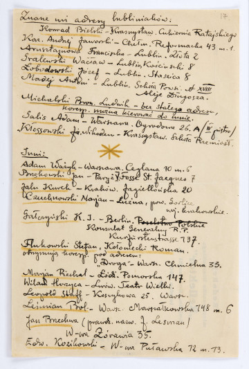 Załącznik z wykazem adresów poetów dołączony do jednego z listów Józefa Czechowicza do Stanisława Czernika, wym. 22,1 x 14,5 cm, k. 17 r.  Brak daty; nie posiadamy zatem informacji, do którego z listów niniejsza karta  została dołączona.
Tekst zapisany jednostronnie czarnym atramentem. Nazwiska i część imion podkreślona żółtym kolorem. Na odwrocie karty nadruk: 