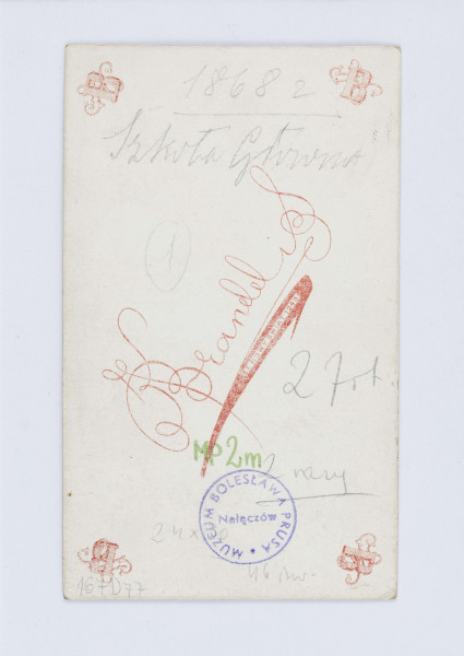 Fotografia przedstawia młodego Aleksandra Głowackiego. Pisarz siedzi na krześle, ubrany jest w długi, jasny surdut, na którym widać osiem jasnych guzików. Surdut jest zapięty  jedynie na pojedynczy guzik pod szyją. Pod spodem widać ciemną kamizelkę oraz tego samego koloru spodnie. Aleksander opiera się lewą ręką o bogato zdobiony stół. Całe zdjęcie jest otoczone białą ramką. Wzdłuż dolnej krawędzi znajduje się drukowany napis: K. Brandel w Warszawie. Na odwrocie, po środku znajduje się logo firmy która wykonała zdjęcie Logo składa się z odręcznego napisu K. Brandel z drukowanym, ciemnym podkreśleniem.