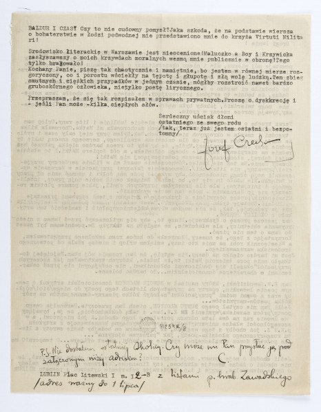 List Józefa Czechowicza do Stanisława Czernika, Lublin, po 22.05.1936 r., wym. 28 x 22 cm, k. 11 recto i verso. 
List zapisany pismem maszynowym na  na arkuszu kremowego papieru. Zapisana w całości karta recto oraz do połowy verso. Pod tekstem listu odręczny podpis poety, zapisany czarnym atramentem: 