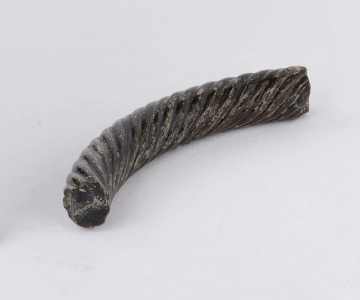 Fragment szklanej bransolety zdobionej kilkoma równolegle do siebie biegnącymi spiralnie wokół bransolety żłobkami. Bransoleta w przekroju okragła. Surowiec - szkło, barwa ciemno-brązowa. Wymiary: dł. 4,2; średn. 0,5 cm. Stan zachowania dobry.