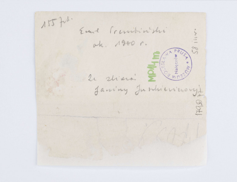 Fotografia przedstawia młodego Emila Trembińskiego siedzącego na krześle. Młodzieniec ubrany jest w czarny surdut zapięty aż pod szyję, białą koszulę oraz ciemne spodnie. Wzdłuż lewej krawędzi widać nieczytelny, biały napis. Prawa cześć fotografii mocno pogięta. Na odwrocie znajduje się napis wykonany ołówkiem: 