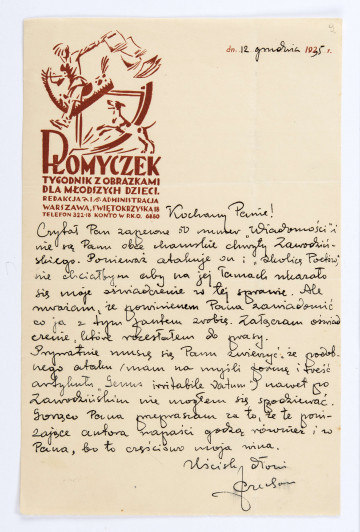 List Józefa Czechowicza do Stanisława Czernika, [Warszawa], 12.12.1935 r., wym. 21,1 x 13,8 cm, k. 9 r. 
List zapisany czarnym atramentem na arkuszu firmowego papieru. W lewym górnym rogu nadruk czerwoną czcionką: 