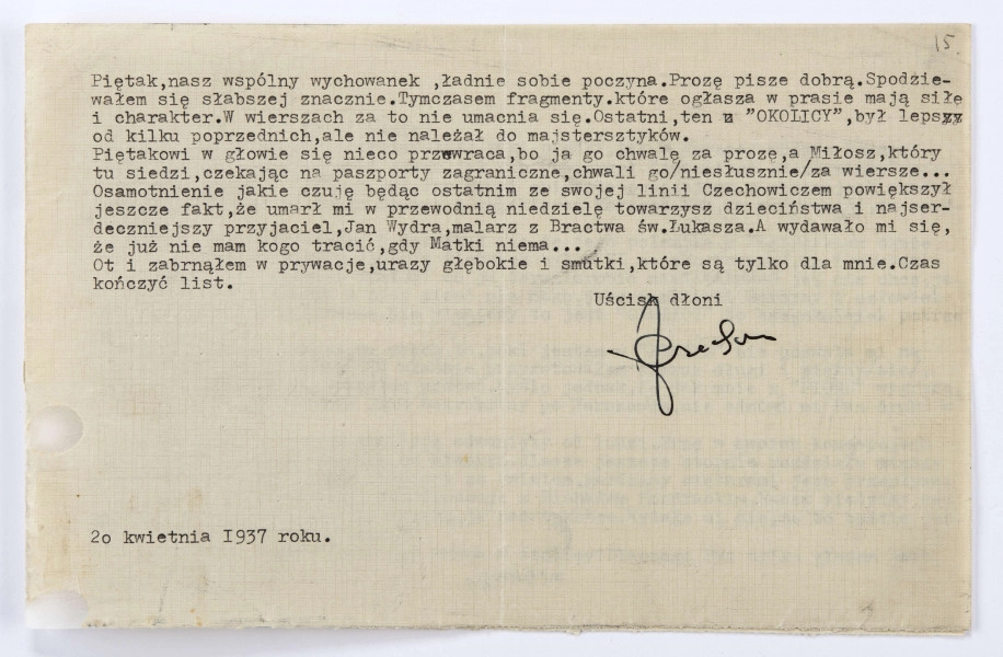 List Józefa Czechowicza do Stanisława Czernika, [Warszawa], 20 IV 1937 r., wym. 14 x 22 cm, k.14-15 r.   
Arkusz podwójnego papieru o popielatym kolorze, po lewej stronie drobne uszkodzenia. Tekst pisany na maszynie, zapisane s. 1 i 2, podpis odręczny. Format 14 x 22 cm.