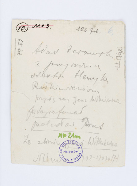 Fotografia przedstawia Henrykę Rodkiewiczówną i Adama Żeromskiego. Oboje siedzą na drewnianej ławce z oparciem. Henryka ubrana jest w białą bluzkę i ciemną spódnicę. Adam ubrany jest w ciemny strój, czarne buty i ciemny beret. Za ławeczką widać rosnące drzewa i krzewy. Krawędzie fotografii przetarte i z białymi plamami. Na odwrocie znajduje się tekst napisany odręcznie przy pomocy ołówka: „Adam Żeromski z przyszywaną siostrą Henryką Rodkiewiczówny przyszłą żonę Jana Witkiewicza”.