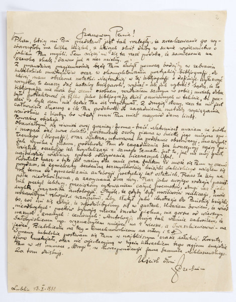 List Józefa Czechowicza do Stanisława Czernika, Lublin, 13.10.21932 r., rękopis, wym. 28 x 22 cm, k. 2 r. 
List pisany czarnym atramentem na arkuszu kremowego papieru (zapisana k.1 r.)
W prawym dolnym rogu podpis poety z charakterystycznym splotem liter 