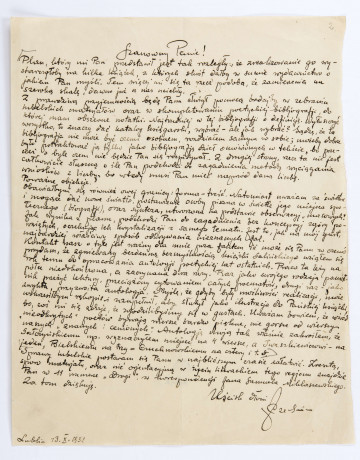 List Józefa Czechowicza do Stanisława Czernika, Lublin, 13.10.21932 r., rękopis, wym. 28 x 22 cm, k. 2 r. 
List pisany czarnym atramentem na arkuszu kremowego papieru (zapisana k.1 r.)
W prawym dolnym rogu podpis poety z charakterystycznym splotem liter 