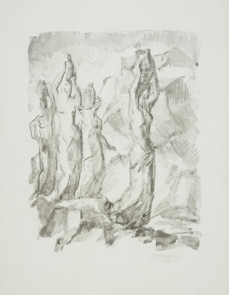 Ujęcie z przodu w oddaleniu. Przedstawienie młodych kobiet niosących dzbany górską ścieżką.