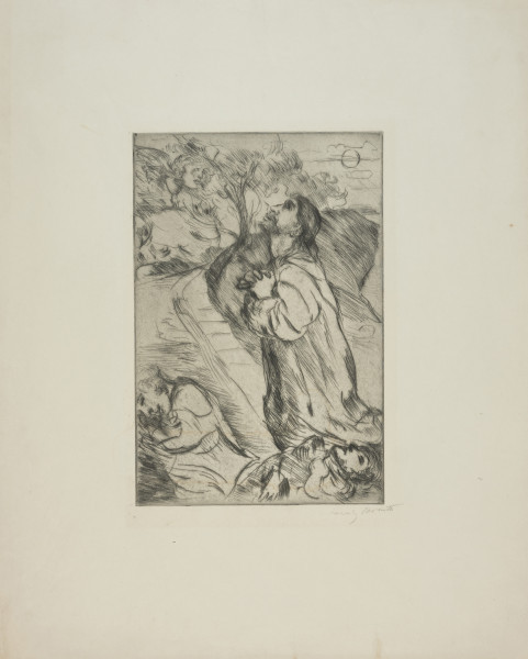 Ujęcie z przodu w oddaleniu. Widok dwu walczących kogutów zwróconych do siebie szponami i dziobami ukazanych w nieokreślonej przestrzeni.