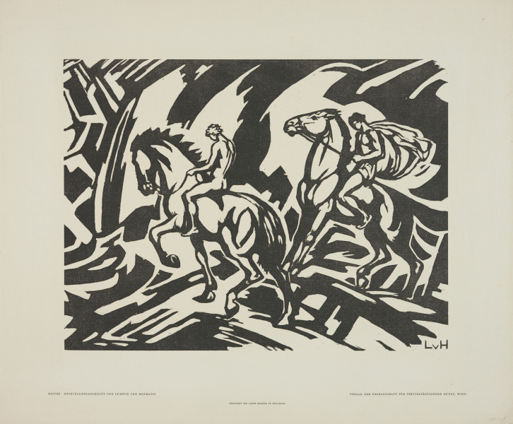 Ujęcie z przodu w oddaleniu. Odbitka drzeworytnicza w układzie poziomym z przedstawieniem dwóch młodzieńców jadących konno przez górzysty pejzaż. Jeden z nich z rozwianym płaszczem.