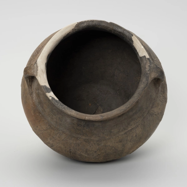 Waza typu IV (Wołągiewicz) - ujęcie z góry; Naczynie ceramiczne (waza) barwy ciemno brunatnej o chropowaconej części dolnej i wygładzanej górnej partii. Waza ma dwa przewężone ucha. Na brzuścu zdobiona chropowaconymi pasami w układzie podwójnego zygzaka. Wysokość wazy wynosi 19,8 cm, średnica brzuśca 22 cm, a średnica wylewu 21 cm.