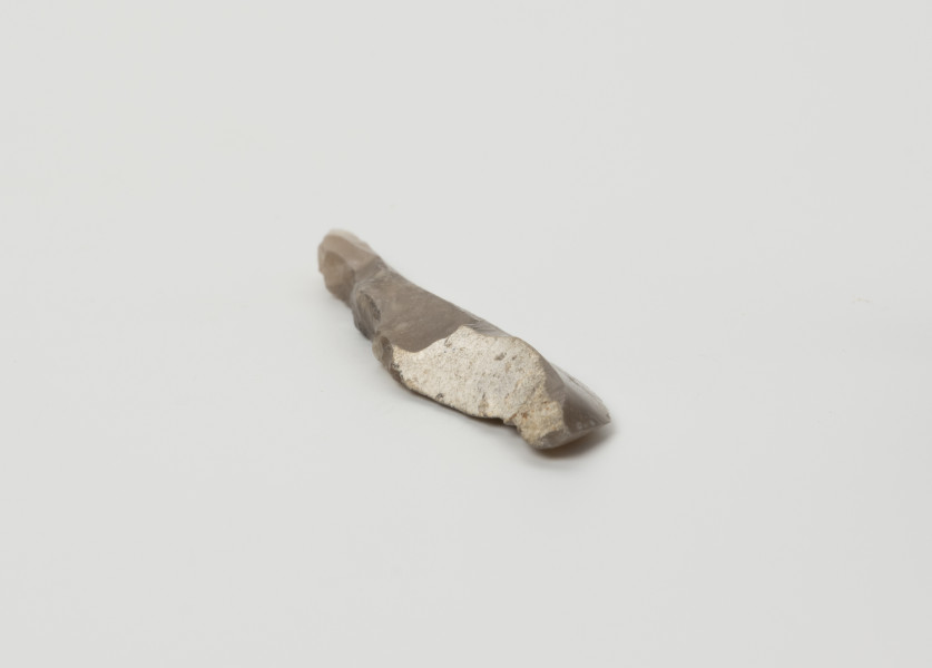 Półtylczak - ujęcie z góry; Półtylczak wykonany na na niewielkim wiórze. Wiór, z którego wykonano zabytek pochodził z fazy przygotowania rdzenia, na co wskazuje obecność kory na stronie wierzchniej oraz fakt odbicia wióra przy pomocy miękkiego kamienia zamiast typowego w tym okresie nacisku, o czym świadczy obecność płaskich fal odbicia na stronie spodniej.