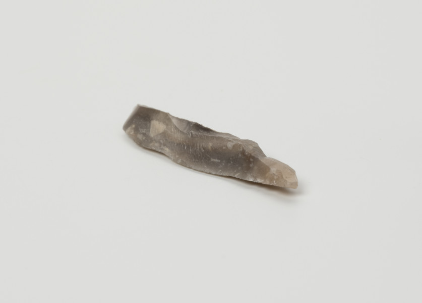 Półtylczak - ujęcie z boku; Półtylczak wykonany na na niewielkim wiórze. Wiór, z którego wykonano zabytek pochodził z fazy przygotowania rdzenia, na co wskazuje obecność kory na stronie wierzchniej oraz fakt odbicia wióra przy pomocy miękkiego kamienia zamiast typowego w tym okresie nacisku, o czym świadczy obecność płaskich fal odbicia na stronie spodniej.