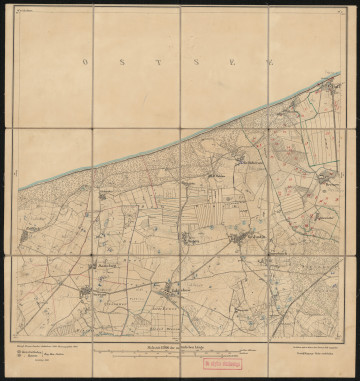 drukowana mapa 600 Gr. Justin I - Ujęcie z przodu; Mapę 600 Gr. Justin I opracowano w 1889, wydano w 1890, a skorygowano i wydrukowano w 1906 roku. Obejmuje obszar w pobliżu miejscowości Gr. Justyn, Kreis Cammin, Reg. Bez. Stettin, Prov. Pommern, dziś Gostyń, pow. kamieński, woj. zachodniopomorskie, Polska. Jest jednym z dwóch zachowanych egzemplarzy arkusza przedwojennej mapy topograficznej oznaczonego godłem 600, zawierającym dane o lokalizacji obiektów i ich nazw w zasobie archiwalnym Flurnamen Sammlung. Na drukowanej mapie ręcznie naniesiono warstwę z numeracją obiektów fizjograficznych odnoszących się do miejscowości: Pustchow, dziś Pustkowo; Hoff, dziś Trzęsacz; Raddack, dziś Radawka; Riebitz, dziś Rybice; Gr. Justin; Gr. Poberow, dziś Pobierowo; Dresow, dziś Dreżewo; Johannisthal, dziś Janowo; Ramsberg, dziś Strzeżewko; Stresow, dziś Strzeżewo; Zoldekow, dziś Sulikowo; Damerow, dziś Dąbrowa.