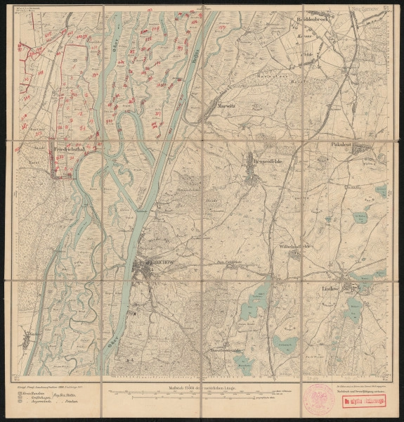 drukowana mapa 1405 Fiddichow II - Ujęcie z przodu; Mapę 1405 Fiddichow II opracowano i wydano w 1888, a dodrukowano w 1921 roku. Obejmuje obszar w pobliżu miejscowości Fiddichow, Kreis Greifenhagen, Reg. Bez. Stettin, Prov. Pommern, dziś Widuchowa, pow. gryfiński, woj. zachodniopomorskie, Polska. Jest jedynym zachowanym egzemplarzem arkusza przedwojennej mapy topograficznej oznaczonego godłem 1405, zawierającym dane o lokalizacji obiektów i ich nazw w zasobie archiwalnym Flurnamen Sammlung. Na drukowanej mapie ręcznie naniesiono warstwę z numeracją obiektów fizjograficznych odnoszących się do miejscowości: Gartz a. Oder, Friedrichsthal (obie dziś Niemcy); Fiddichow, dziś Widuchowa.