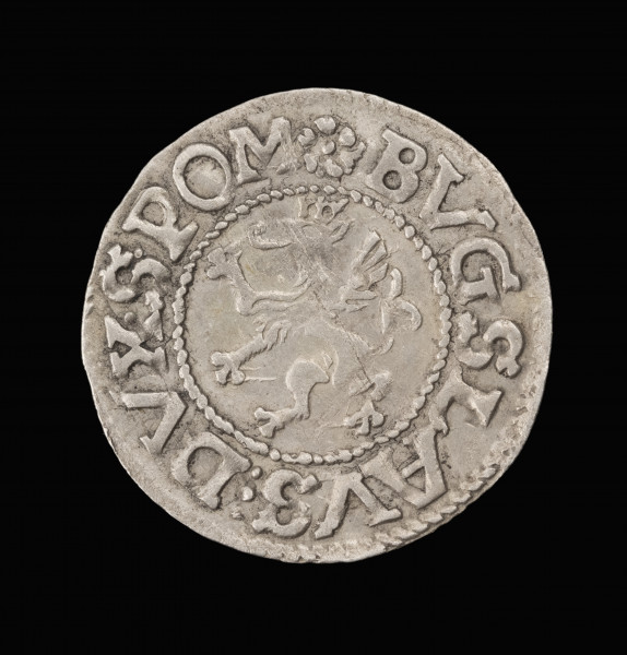 Podwójny szeląg - awers; Moneta srebrna z gryfem i znakiem nominału. Na awersie ukoronowany gryf w lewo. W perełkowym otoku tytulatura: BVGSLAVS:DVX·S·POM (Bogusław książę szczecińsko-pomorski).