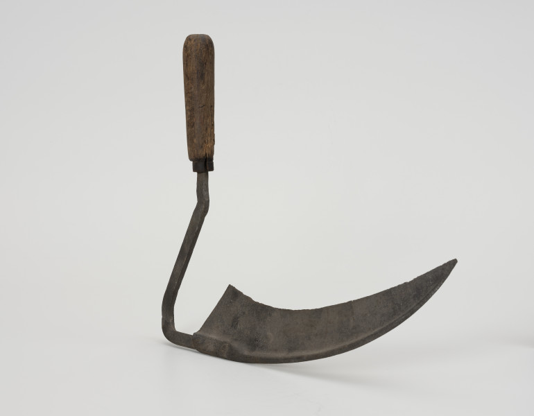 Półkosek - ujęcie z lekkiego skosu; Półkosek składający się z żelaznego ostrza i drewnianego uchwytu  kształtem podobny jest do małej kosy. Żelazne, wydłużone ostrze zwężające się ku końcowi tworzy szpiczaste zakończenie, które osadzone jest na żelaznym, wygiętym skośnie kosisku przymocowanym za pomocą dwóch nitów do drewnianej, toczonej rękojeści, zakończonej bolcem.