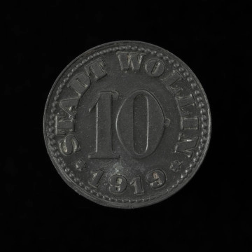 MNS/N/15961 10 fenigów - Awers; w polu nominał: 10. Powyżej pomiędzy sześcioramiennymi gwiazdkami napis: STADT WOLLIN. Poniżej data: 1919. Obwódka perełkowa.