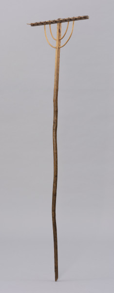 Grabie drewniane dwunastozębne - ujęcie ze skosu z drugiej strony; Grabie drewniane dwunastozębne o długim trzonku z okorowanego, lekko wygiętego kawałka drewna, ściętym na końcu, a bezpośrednio przed częścią pracującą, po jednej stronie opracowany płasko. Górna część pracująca składa się z prostokątnej listwy osadzonej prostopadle na trzonku. W listwę wpuszczonych jest dwanaście zębów. Konstrukcję grabi wzmacniają dwa rzędy łukowato wygiętych, okorowanych pałąków wykonanych prawdopodobnie z wierzbowej wici.