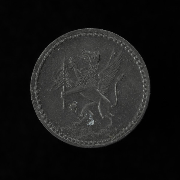 10 fenigów - Rewers; w polu godło Wolina; wspięty gryf w lewo z drzewem sosnowym w lewej łapie. Między pniem drzewa a gryfem, poniżej jego łapy, sześcioramienna gwiazdka. Obwódka perełkowa.