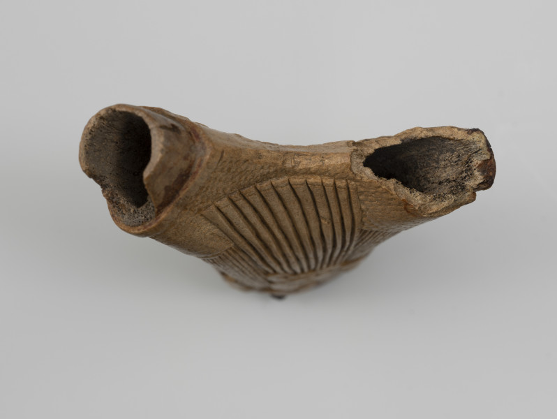 Prochownica - ujęcie z góry; Niewielka prochownica z rogu jelenia ma kształt wykorzystujący naturalny wygląd rozwidlenia poroża. Jeden z odrostków jest ułamany, drugi uszkodzony. Metalowe okucia zamykające prochownicę nie zachowały się. Awers prochownicy ozdobiony jest od góry pionowymi, wąskimi i płytszymi nacięciami.