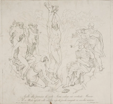 Apollo alla presenza di molto Numi ordina sia scorticato Marsia - ujęcie z przodu; Rycina reprodukcyjna z publikacji kompozycji konturowych według dzieł Michała Anioła przedstawia scenę mitologiczną z przygotowań do obdarcia ze skóry Marsjasza na rozkaz Apolla. Na pionowej osi przedstawienia Marsjasz z rękami uniesionymi na głową przywiązany do uschniętego pnia drzewa spogląda na oprawcę klęczącego u jego stóp z półkolistym nożem. Poniżej kamienia, na którym stoi Marsjasz, leży porzucona syringa. Po lewej stronie Apollo z lirą siedzi na swym płaszczu podścielonym na murawie. Powyżej niego gromadzą się inni przedstawiciele Olimpu. Merkury z laską zwraca się do Herkulesa opartego na maczudze wskazując mu zdarzenie. Za ich plecami trzy inne postacie. Obejmująca się para Wenus i Mars, którym towarzyszy lew oraz nieokreślony starzec. Po prawej stronie król Midas z klapkami na uszach i trzech przedstawicieli Nubijczyków. W głębi dwie rozpaczające postacie (prawdopodobnie Pan i satyr). Scena rozgrywa się w górskim, lesistym wąwozie.