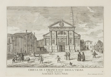 Chiesa di S. Francesco della Vigna - ujęcie z przodu; Ilustracja z albumu Le fabriche, e vedute di Venetia. W konturowej, podwójnej ramce w formie poziomego prostokąta widok zabudowy fragmentu Wenecji z kościołem św. Franciszka w winnicy pośrodku kompozycji. Widok frontalny kościoła franciszkanów ujęto od strony fasady wraz z zabudowaniami mieszczańskimi otaczającymi plac, przy którym stoi.