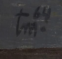 Krematorium - detal; na ciemnografitowym tle sygnatura autora pisana ciemnogranatowa farbą tm.64