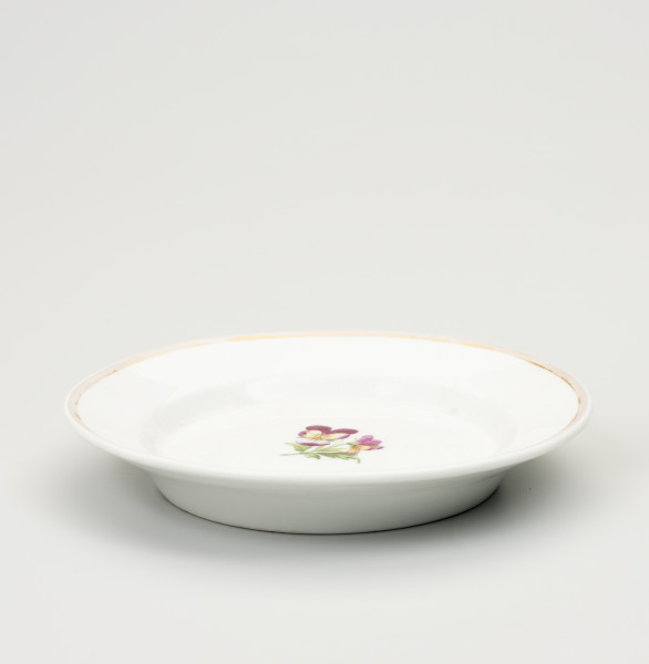 Talerz - ujęcie z przodu; Talerz, prawdopodobnie deserowy, z białej porcelany dekorowany bukiecikiem bratków umieszczonych w lustrze oraz złotym paskiem na rancie. Spora część złocenia zatarta.