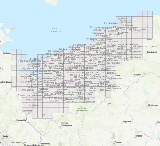 Przybliżona lokalizacja w geoportalu naniesionych nazw toponimów, dawnych nazw ludowych wskazanych na poniemieckiej mapie 1334 Spechtsdorf II