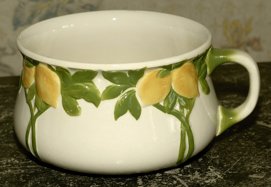 Urynał zdobiony gałązkami i owocami cytryny. Widok na dekorację z motywem roślinnym