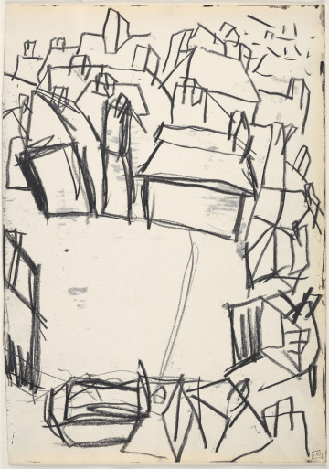 Rysunek utrzymany w tonacji czarno-białej. Wszystkie elementy przedstawione są w sposób uproszczony. Tło kompozycji jest jasne, autorka wykorzystała naturalny kolor brystolu nie wypełniając go barwa. Cała kompozycja narysowana jest jedynie konturowo, bardzo schematycznie, czarną kredka. Po środku widoczny jest kwadrat, dookoła niego widoczne są umieszczone zostały zarysy budynków. Kompozycja pozbawiona jest detali oraz postaci.