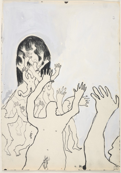 Kompozycja jest bardzo oszczędna. Na jednolitym jasnym tle, cieniowanym za pomocą rozbieleń, w centralnej części, przesunięty nieco ku lewej krawędzi widać łukowaty, bardzo ciemny otwór – wejście. Z niego wychodzą tłumnie nadzy ludzie obu płci z rękami uniesionymi wysoko w górę. Wszystkie postaci zarysowane konturowo, czarnym cienkopisem, ekspresyjnie i z charakterystycznymi dla artystki zniekształceniami.