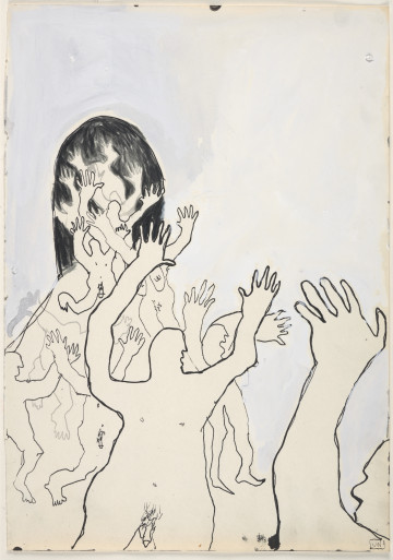 Kompozycja jest bardzo oszczędna. Na jednolitym jasnym tle, cieniowanym za pomocą rozbieleń, w centralnej części, przesunięty nieco ku lewej krawędzi widać łukowaty, bardzo ciemny otwór – wejście. Z niego wychodzą tłumnie nadzy ludzie obu płci z rękami uniesionymi wysoko w górę. Wszystkie postaci zarysowane konturowo, czarnym cienkopisem, ekspresyjnie i z charakterystycznymi dla artystki zniekształceniami.