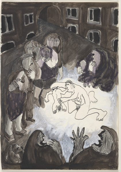 Rysunek utrzymany w tonacji czarno-biało-szarej. Wszystkie elementy rysowane są w sposób uproszczony, ekspresyjny i z charakterystycznymi dla artystki zniekształceniami. Kompozycja zbudowana jest kontrastowo – bardzo ciemna z bardzo jasną partią centralną, co przywodzi na myśl oświetloną scenę. Praca ukazuje podwórze - w tle widoczne jest naroże dwóch kamienic i bramę o półokrągłym nadprożu. Na środku, w jasnej części rysunku widoczna jest postać nagiej, klęczącej kobiety trzymającej w ustach stopę dziecka, które unosi w rękach. Obie postaci narysowane są schematycznie, ich czarny kontur bez wypełnienia odcina się od jasnego tła. Dookoła kobiety i dziecka widać tłum stojących ludzi, ubranych na ciemno, o ciemnoszarych twarzach i rękach. Te postaci narysowane są także w uproszczony sposób, jednak przedstawione gesty i układ twarzy (otwarte usta, uniesione dłonie, zasłanianie rękami twarzy lub ust) wskazują na zaszokowanie, przerażenie i konsternację na widok rozgrywających się wydarzeń.