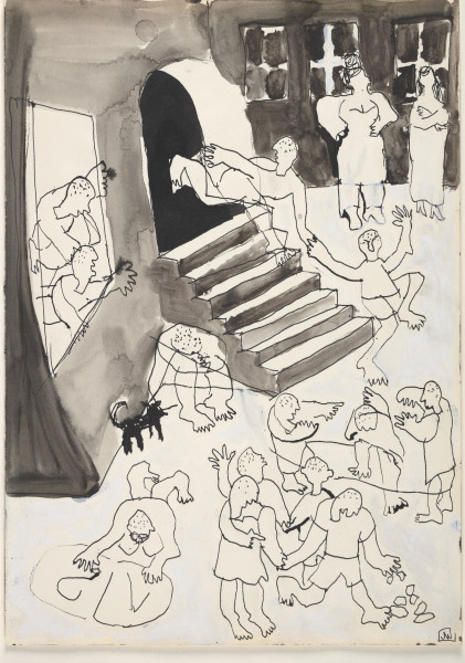 Rysunek utrzymany w tonacji czarno-biało-szarej. Wszystkie elementy rysowane są w sposób uproszczony, postaci zarysowane są konturowo, czarnym cienkopisem, ekspresyjnie i z charakterystycznymi dla artystki zniekształceniami. Scena pokazuje fragment budynku mieszkalnego, po środku którego widoczne są schody, po ich lewej stronie duży otwór okienny, po prawej – 3 mniejsze okna w rzędzie. Kontury budynku oraz schodów wypełnione są lawowaniem oddającym światłocienie. Przed kamienicą, na przedstawionym fragmencie pustej przestrzeni widać postaci, narysowane jedynie konturowo, bez wypełnienia. Na pierwszym planie, w prawym dolnym rogu, grupka bawiących się dzieci, obok – jedno leżące i piszące na ziemi. Za nimi, w kącie bok schodów sylwetka siedzącej na ziemi postaci rękami obejmująca kolana, na których trzyma głowę. Obok niej stoi czarny pies. Przez duże okno wychylają się dwie postaci, po schodach zbiegają kolejno, trzymając się za ręce, kolejne dwie. W prawej, górnej części rysunku na tle ściany o trzech oknach stoją dwie postaci kobiece.