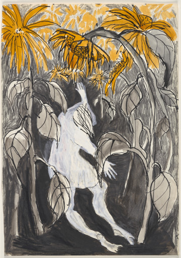 W centralnej części kompozycji, na bardzo ciemnym tle, widać leżącą sylwetkę kobiety w sukience. Jej twarz jest całkowicie zasłonięta włosami narysowanymi za pomocą kreskowania, ręce leżą rozrzucone, stopy są bose. Cała sylwetka została wypełniona transparentnym rozbieleniem, spod którego przebija szara barwa tła oraz, w niektórych miejscach, delikatny róż. Po obu stronach rysunku widać bardzo wysokie łodygi o dużych, kwitnących kwiatach, z których część ugina się ku dołowi. Łodygi i liście kwiatów zostały wypełnione szarym cieniowaniem, ich tło – szarą kredką. Główki i płatki roślin są cieniowane, barwy ciemnożółtej, przechodzącej w pomarańcz.