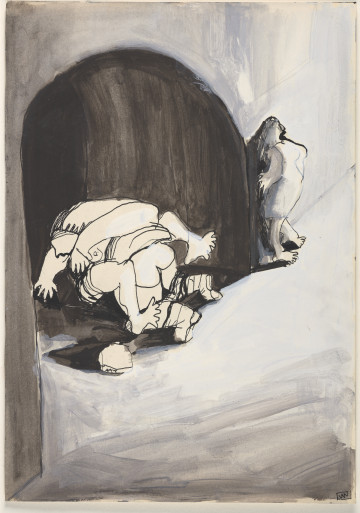 Rysunek utrzymany w tonacji czarno-biało-szarej. Wszystkie elementy rysowane są w sposób uproszczony, ekspresyjny i z charakterystycznymi dla artystki zniekształceniami. Kompozycja jest bardzo oszczędna i uproszczona, co powoduje, że uwaga widza zwraca się ku scenie rozgrywającej się w centralnej części. Jasne tło rysunku, o elementach wyodrębnionych jedynie zarysami, sugeruje, że pokazany jest fragment ulicy i biegnący wzdłuż niej mur budynków. Po środku widać bardzo ciemny fragment przejścia lub bramy, w jego wnętrzu przedstawione zostały dwie leżące postaci – kobieca, z obnażoną piersią oraz męska, leżąca na niej, z opuszczonymi spodniami oraz widocznymi pośladkami. Po prawej stronie, tuż obok przejścia i rozgrywającej się w nim sceny, na tle muru, widać postać, opartą plecami, o rękach rozłożonych w geście ukrywania się i przerażenia.