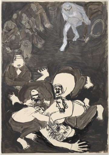 Rysunek utrzymany w tonacji czarno-biało-szarej. Wszystkie elementy rysowane są w sposób uproszczony, postaci zarysowane są konturowo, czarnym cienkopisem, ekspresyjnie i z charakterystycznymi dla artystki zniekształceniami. Tło rysunku jest ciemne. Na pierwszym planie widać czterech mężczyzn z pejsami kucających i trzymających ręce na leżącym na plecach brodatym mężczyźnie. Leżący ma otwarte usta i jedną rękę odrzuconą do góry. Głowy, dłonie, stopy i korpusy postaci narysowane są pozbawionym wypełnienia czarnym, cienkim konturem, z charakterystycznymi dla artystki zniekształceniami. Obok tej grupy postaci, po lewej stronie rysunku, siedzi postać trzymająca na ustach palec wskazujący prawej dłoni. Dalej, w perspektywie, także po lewej stronie kompozycji siedzi grupa ludzi. Ich sylwetki zarysowane są także czarnym cienkopisem, w bardzo uproszczony sposób. Na samej górze rysunku, na osi leżącego, przedstawiona została figura w pozie wstawania z wózka inwalidzkiego. Jej postać pokryta jest transparentnym rozbieleniem.