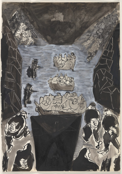 Rysunek utrzymany w tonacji czarno-biało-szarej. Wszystkie elementy przedstawione są w sposób uproszczony. Tło kompozycji jest czarne. Po środku widoczny jest kwadrat, wyznaczony poprzez rozbielenie tła. Do niego dochodzą 4 szerokie pasy ulic, także wyodrębnione szarą i fragmentarycznie rozbieloną plamą barwną – po jednym z każdego rogu. Po lewej i po prawej stronie kwadratu widoczne są schematyczne kontury budynków narysowane białym konturem. W kwadratowej części narysowane zostały trzy platformy na kołkach, na każdej z nich wiele postaci – dorosłych i dziecięcych. Po lewej stronie widać dwie figury żołnierzy z bronią wycelowana w stronę ludzi. Na tle ulic biegnących z górnych naroży przedstawieni zostały tłumy ludzi, obok nich po jednym żołnierzu z każdej strony z wycelowanymi w nich lufami. Na pierwszym planie rysunku, na tle ulic biegnących z dolnych naroży (lub nad nimi) widać pięć postaci – dwie po lewej i trzy po prawej stronie. Ludzi ci patrzą w stronę placu trzymając owalne kształty za plecami. Wszystkie postaci zarysowane konturowo, czarnym cienkopisem, ekspresyjnie i z charakterystycznymi dla artystki zniekształceniami.