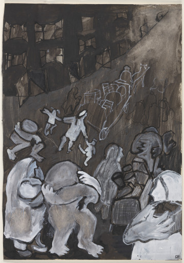 Rysunek utrzymany w tonacji czarno-biało-szarej. Wszystkie elementy przedstawione są w sposób uproszczony. Tło kompozycji jest bardzo ciemne, barwa nałożona została lawowaniem i kreskowaniem o różnym natężeniu koloru. Na pierwszym planie widać postaci ludzkie narysowane w sposób schematyczny, z charakterystycznymi dla artystki uproszczeniami i zniekształceniami. Wszystkie figury skontrastowane są z tłem za pomocą rozbielenia, które kształtuje ich kontury. Jedna z nich dźwiga na plecach duży pakunek, dwie niosą coś w rękach. Obok, jedna osoba ciągnie wypełniony wózek, tuż koło wózka widoczna jest jeszcze jedna postać. W pewnej odległości od tej grupy, powyżej, po lewej stronie rysunku, widoczny jest człowiek uginający się pod ciężarem niesionym na plecach, obok niego, w centrum kompozycji widać kobietę prowadzącą za ręce dwoje dzieci. Przed kobietą widać wóz konny zapakowany meblami i prowadzącego go woźnicę. Cały zaprzęg i jego ładunek narysowany został jedynie białym konturem. W niewielkim oddaleniu narysowana została linia oddzielająca poziom drogi z zarysem budynków stojących wzdłuż tego traktu - zabudowań mieszkalnych o zarysowanych oknach, z których część jest otwarta.